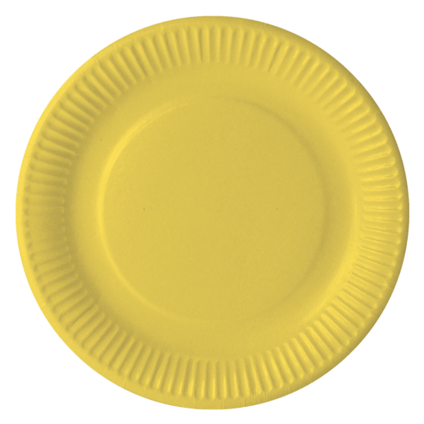 COLOUR PRINTED PAPER PLATES MADE FROM VIRGIN FIBERS WITH NON-PLASTIC COATING. Yellow