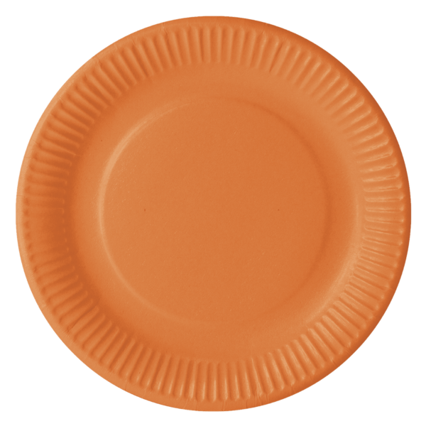 COLOUR PRINTED PAPER PLATES MADE FROM VIRGIN FIBERS WITH NON-PLASTIC COATING. Orange